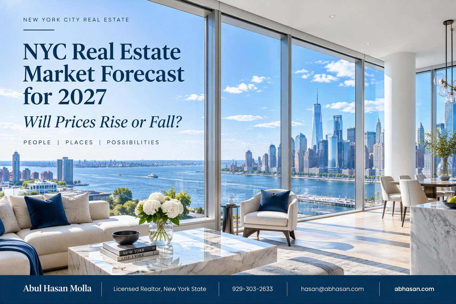 Cover graphic: NYC Real Estate Market Forecast for 2027 – Will Prices Rise or Fall? Over a living room with a river view.