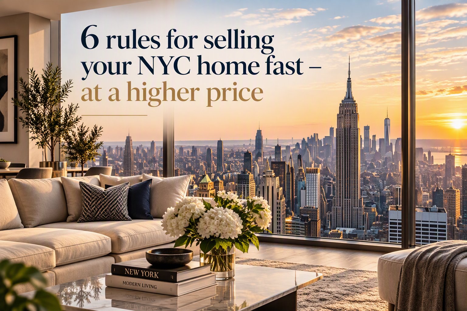 Cover graphic: 6 rules for selling your NYC home fast – at a higher price, over a living room with a Midtown view.