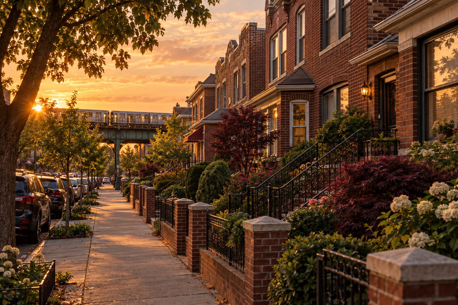 A residential street of brick two-family houses with an elevated train in the distance