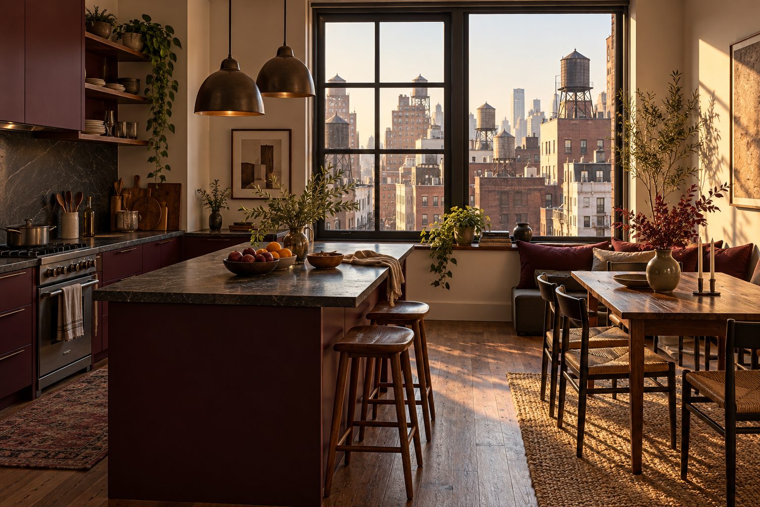 Apartment kitchen and dining corner with a window view of city rooftops and water towers