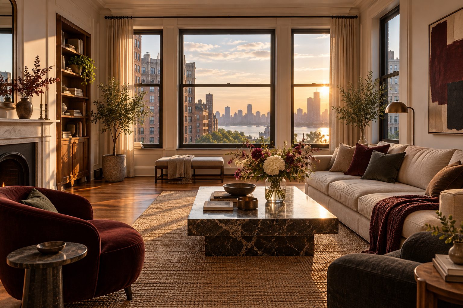 Bright, neatly staged New York living room with large windows facing the river at sunset